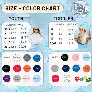 Puede incluir: Tabla de tallas y colores para ropa juvenil e infantil. Incluye medidas en pulgadas para tallas juveniles XS a XL y tallas infantiles 2T a 5/6T. Las opciones de color incluyen blanco, negro, rojo, naranja, azul marino y m&aacute;s.
