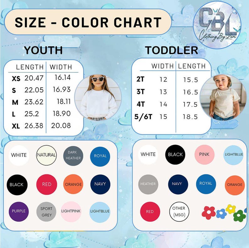 Puede incluir: Tabla de tallas y colores para ropa juvenil e infantil. Incluye medidas en pulgadas para tallas juveniles XS a XL y tallas infantiles 2T a 5/6T. Las opciones de color incluyen blanco, negro, rojo, naranja, azul marino y m&aacute;s.