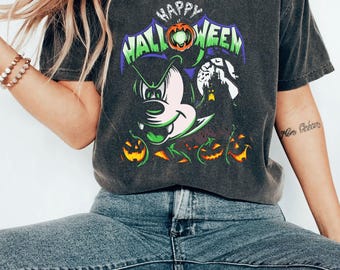 Camiseta de Mickey "Happy Halloween Comfort Colors", camiseta de temporada espeluznante, fiesta de Halloween de Disney, orejas de Mickey y Minnie, camiseta a juego de Halloween de Disney