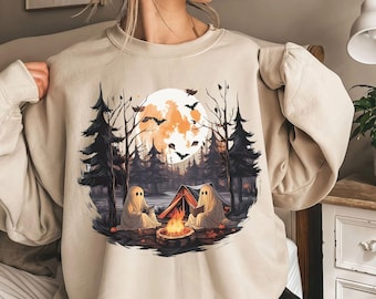 Vintage Ghost Book Reading Camping Gothic Halloween Teachers T-Shirt, Camping Shirt, Hoodie, Cute Ghost Halloween Shirt, Sweatshirt