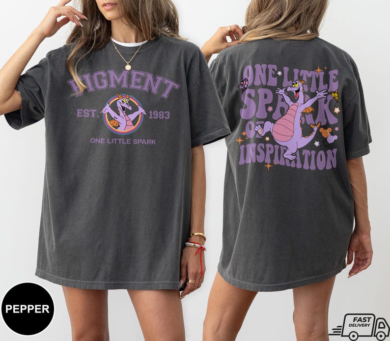 Op de afbeelding: Een oversized T-shirt in donkergrijs met een paarse draak afbeelding en de tekst "Pigment Est. 1983 One Little Spark" op de voorkant en "One Little Spark of Inspiration" op de achterkant.