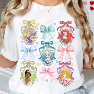 Coquette Bows Watercolor Disney Princess Shirt, Tiana Rapunzel Elsa Ariel Aurora Tshirt, Disneyland Family Trip 2025, Birthday Girl Matching