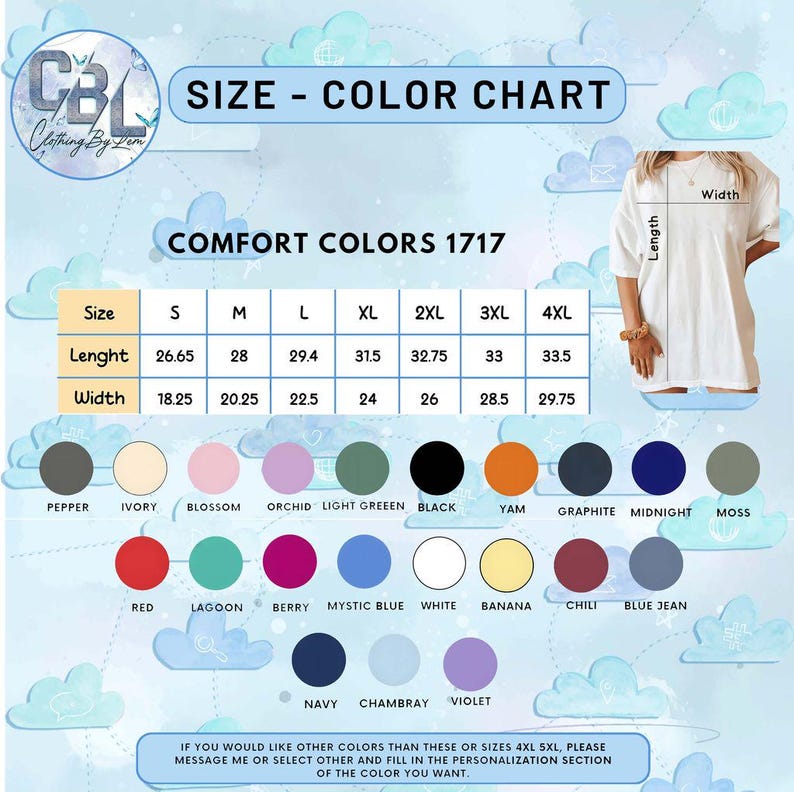 Puede incluir: Tabla de tallas y colores para camisetas Comfort Colors 1717. Incluye medidas en pulgadas y una paleta de colores con pimienta, marfil, flor, orqu&iacute;dea, verde claro, negro, &ntilde;ame, grafito, medianoche, musgo, rojo, laguna, baya, azul m&iacute;stico, blanco, pl&aacute;tano, chile, vaquero azul, marino, chambray y violeta.
