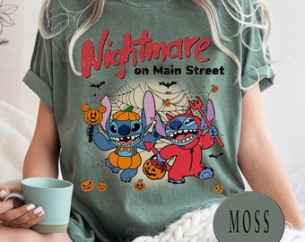 Camiseta vintage de Disney Stitch para Halloween, Pesadilla en la calle principal, camiseta de Disney para Halloween, camiseta retro de Mickey Fantasma