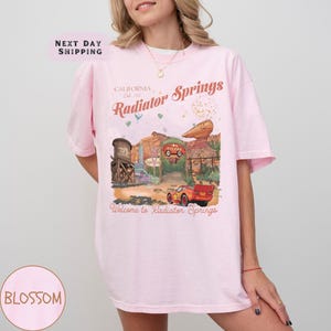 Puede incluir: Camiseta rosa claro con un dise&ntilde;o de Radiator Springs, con el texto "California Radiator Springs" y "Welcome to Radiator Springs". El dise&ntilde;o incluye un coche de carreras rojo y un paisaje des&eacute;rtico.