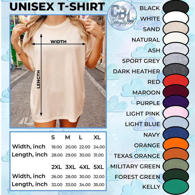 Puede incluir: Una camiseta unisex beige con medidas en pulgadas. La imagen incluye una carta de colores con opciones como negro, blanco y azul marino. El ancho de la camiseta var&iacute;a de 45,7 a 81,3 cm y el largo de 71,1 a 88,9 cm.