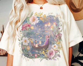 Camiseta retro vintage de Disney Enredados, Rapunzel, con estampado floral, colores cómodos, princesa Rapunzel Flynn Rider, princesa Disney, princesa perdida