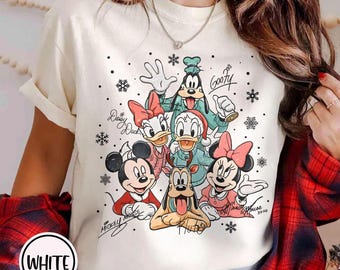 Koszulka świąteczna Retro Myszka Miki i Przyjaciele z podpisami, prezent dla rodziny, koszulka z postaciami Disneya, bluza świąteczna Disney Myszka Miki i Spółka