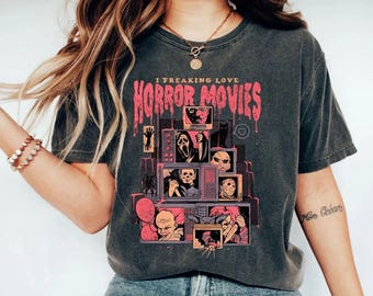Retro skräckfilmer komfortfärger skjorta, vintage 90-tals Halloweenfilmer, familjesemester läskig skjorta, Halloweentröja, Halloweenskjorta