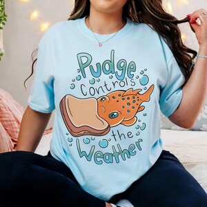 May include: Light blue t-shirt with the text "Pudge Controls the Weather" and a cartoon illustration of a fish-like creature with a slice of bread. The graphic is in shades of orange, brown, and blue.