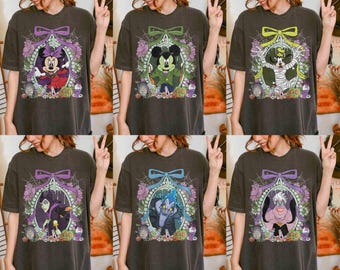 Camiseta personalizada de todos los personajes de villanos de Disney, camiseta de lazo de coqueta de Halloween de Disney, truco o trato, fiesta de Halloween de Mickey no tan aterradora