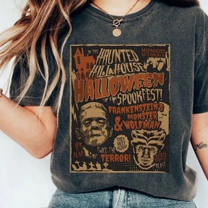 Vintage Frankensteins monster möter Wolfman komfortfärger-skjorta, Halloween-tröja, Haunted Hill House, skräckfilmskaraktärer-skjorta