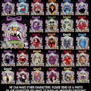 Pu&ograve; includere: Una collezione di ritratti incorniciati di personaggi Disney, ognuno con una combinazione di colori e un fiocco unici. I personaggi includono cattivi ed eroi. Il testo in basso dice: "POSSIAMO FARE ALTRI PERSONAGGI, PER FAVORE INVIACI UNA FOTO DEL PERSONAGGIO CHE VUOI FARE TRAMITE MESSAGGIO!! (AGGIORNAMENTO)"