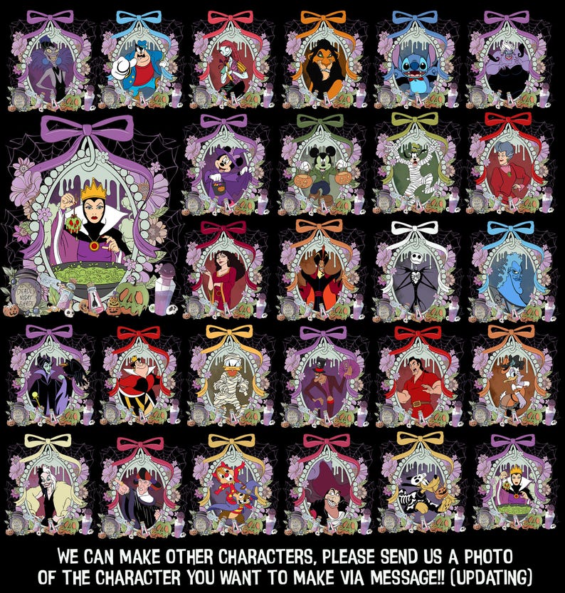 Pu&ograve; includere: Una collezione di ritratti incorniciati di personaggi Disney, ognuno con una combinazione di colori e un fiocco unici. I personaggi includono cattivi ed eroi. Il testo in basso dice: "POSSIAMO FARE ALTRI PERSONAGGI, PER FAVORE INVIACI UNA FOTO DEL PERSONAGGIO CHE VUOI FARE TRAMITE MESSAGGIO!! (AGGIORNAMENTO)"