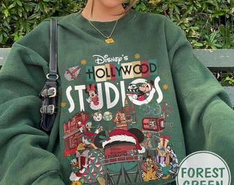 Bluza świąteczna Comfort Colors Retro Disney Hollywood Studios, pasujące koszulki świąteczne Disney dla całej rodziny, koszulka świąteczna vintage Myszka Miki i Przyjaciele