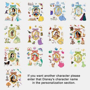 May include: A collage of 10 different Disney princess illustrations. Each princess is surrounded by objects and symbols related to their character. The princesses include: Cinderella, Snow White, Ariel, Belle, Jasmine, Pocahontas, Mulan, Tiana, Rapunzel, and Aurora.