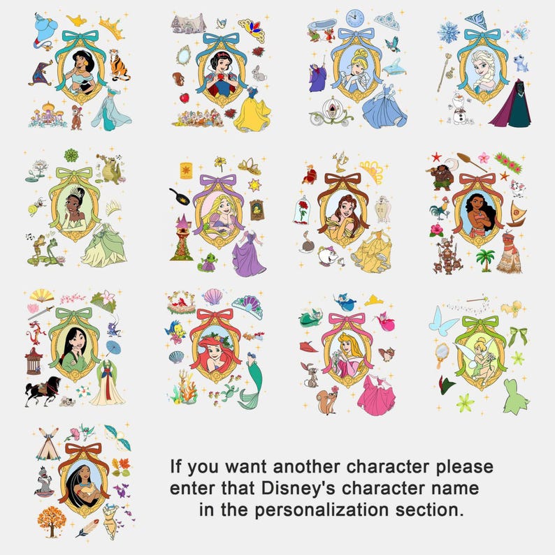 May include: A collage of 10 different Disney princess illustrations. Each princess is surrounded by objects and symbols related to their character. The princesses include: Cinderella, Snow White, Ariel, Belle, Jasmine, Pocahontas, Mulan, Tiana, Rapunzel, and Aurora.