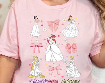 Personalisierte Disney Prinzessin Bögen Coquette Shirt, Belle Ariel Jasmin Aschenputtel Party Tshirt, Trauzeugin Geschenk, Hochzeitsgeschenk