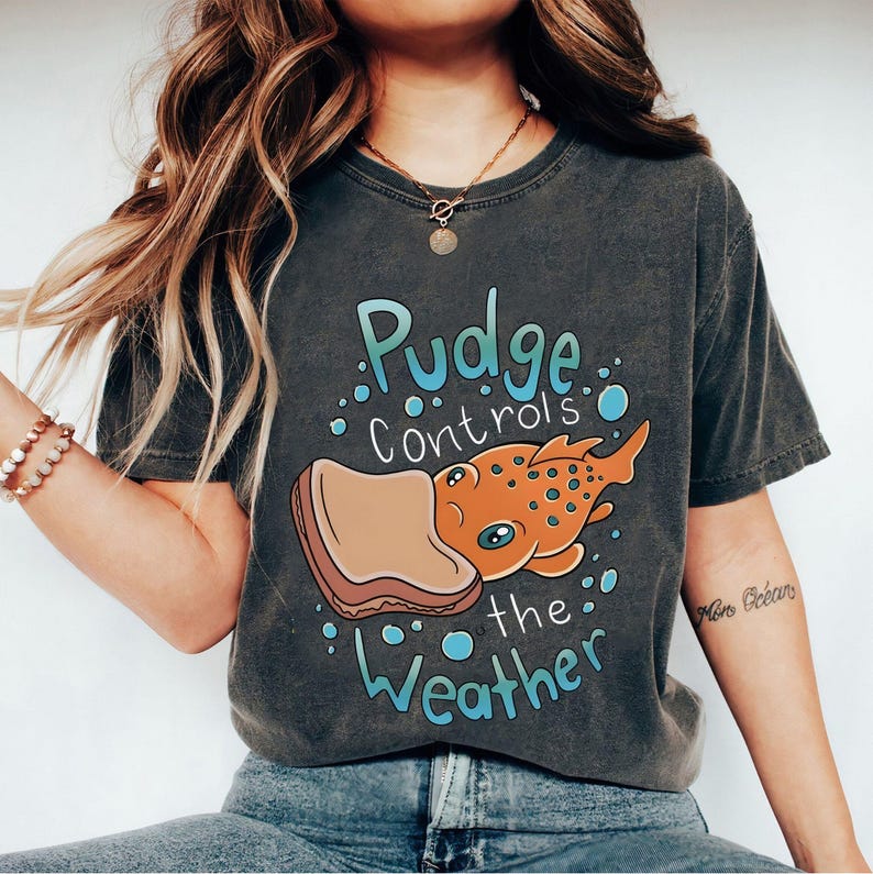 May include: Dark gray t-shirt with the text "Pudge Controls the Weather" in blue and white. The graphic features a cartoon orange fish with brown bread. The shirt is a casual, unisex style.