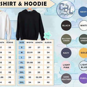 Puede incluir: Sudadera blanca y sudadera con capucha negra expuestas en perchas. Se muestran tablas de tallas con medidas en cent&iacute;metros. Las opciones de color incluyen azul marino, negro, blanco y m&aacute;s. El texto "SWEATSHIRT & HOODIE" est&aacute; en la parte superior.