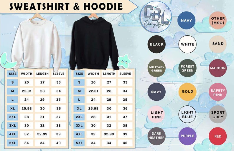 Puede incluir: Sudadera blanca y sudadera con capucha negra expuestas en perchas. Se muestran tablas de tallas con medidas en cent&iacute;metros. Las opciones de color incluyen azul marino, negro, blanco y m&aacute;s. El texto "SWEATSHIRT & HOODIE" est&aacute; en la parte superior.