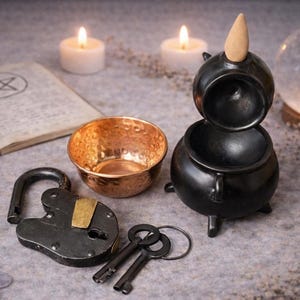 Altar Set | Mini Cauldron Copper Bowl Lock & Keys | Ritual Tools | Gothic Occult Decor
