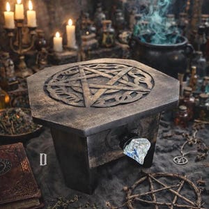 Pentagram Wood Altar Table with Crystal, Mini Witch Ritual Table