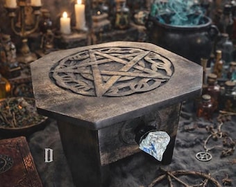 Pentagram Wood Altar Table with Crystal, Mini Witch Ritual Table