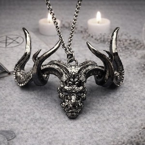 Demon Horn Necklace, Gothic Devil Jewelry | Dark Fantasy Necklace | Occult Ram Skull Pendant