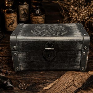 Triple Moon Pentacle Altar Box, Leather Studded Gothic Wooden Chest, Tarot Card & Crystal Storage Box, Wiccan Pagan Keepsake  (8x5.5x4")