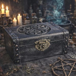 Triple Pentacle Witch Box: Distressed Black Wooden Altar Chest (8x5.5x4")