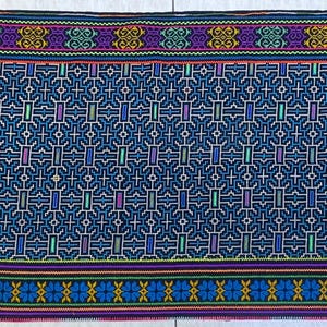 May include: A rectangular textile with a repeating geometric pattern in shades of blue, purple, green, and yellow. The borders feature intricate designs with a variety of colors. The textile appears to be made of woven fabric.
