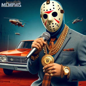 May include: An artistic rendering of a person wearing a hockey mask and a gray suit, holding a microphone. The person is adorned with gold chains, a watch, and rings. The word "MEMPHIS" is in the upper left corner. Helicopters and a classic orange car are in the background.