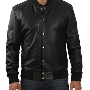 Men’s Black Buttoned Leather Bomber Jacket, Leather Jacket for Men 100% Real Sheep Leather Biker Jacket, winter leather jackets for mens
