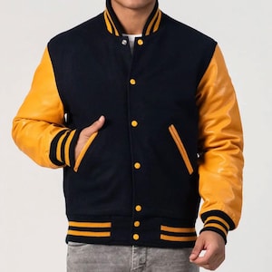 Varsity Jacket Baseball Letterman Jackets Wool Body Bomber College American Style Black Yellow Jacket Custom Jacket Winter Jackets for Mens