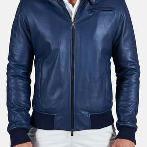 Men&#39;s Blue Handmade Biker Leather Jacket | Men&#39;s Slim fit Sheepskin Leather Jacket | Winter Handmade Leather Jacket | Valentine Gift for Him