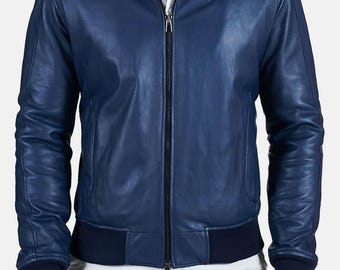 Men's Blue Handmade Biker Leather Jacket | Men's Slim fit Sheepskin Leather Jacket | Winter Handmade Leather Jacket | Valentine Gift for Him