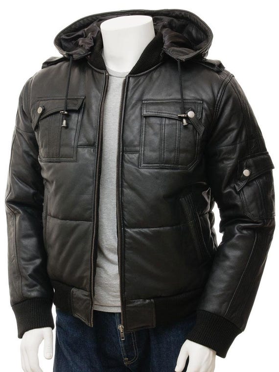 Hooded Leather Jacket, Mens Leather Jacket, 90s Vintage Oversized