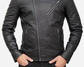Handgefertigte Herren Lederjacke Lammfell Lässige Schwarz Leder Bikerjacke Vintage Lederjacke, Motorrad Bikerjacke, Party Jacke