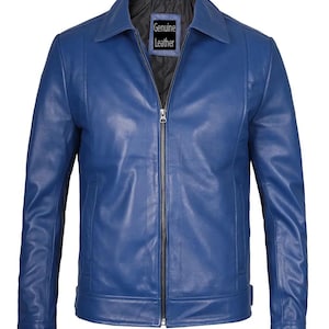 Men Café Racer Vintage Blue Leather Motorcycle Jacket, Men&#39;s Blue Genuine Lambskin Slim Fit Biker Jacket, Men&#39;s 100% Real Leather Jacket