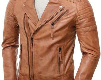 Custom Brown Lambskin Motorcycle Biker Slim Fit Leather Jacket for Men | Men's Retro Soft Leather Jacket| Gift for him | Winter jacket Gifts