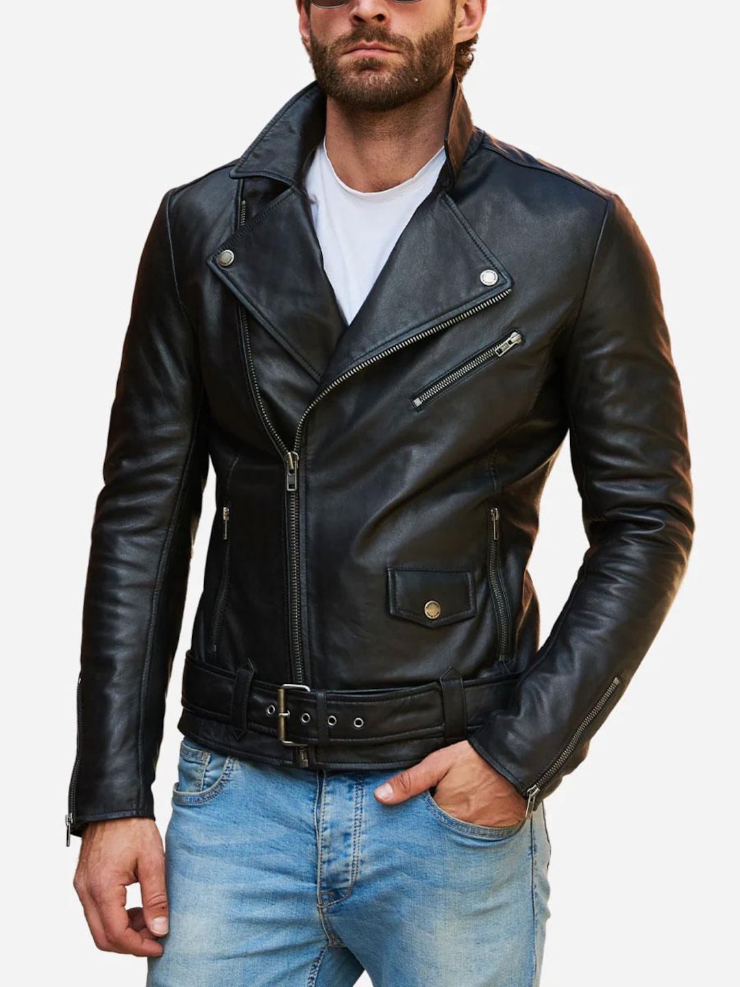 Cafe Racer 5xlt Leather Jacket Men's Black Casual Motorcycle Biker