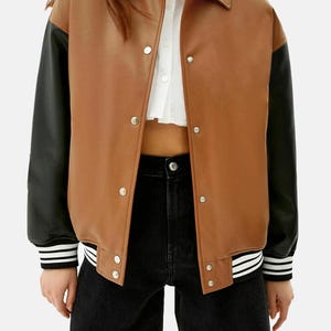 Blouson en cuir surdimensionné, Blouson aviateur noir et marron, Blouson à clous, Blouson en cuir souple, Blouson aviateur tendance sur mesure