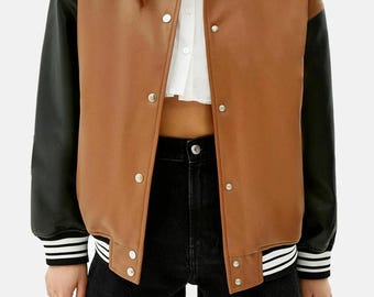 Oversized Leather Jacket, Black And Brown bomber jacket, Studded jacket, Soft Leather Jacket , Trendy custom made fashion bomber jacket