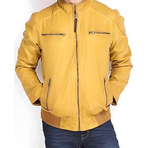 Custom Leather Jacket For Men&#39;s, Handmade Biker Jacket, Yellow Bomber Leather Jacket Men, Genuine Leather Biker Jacket, Personalized Jackets