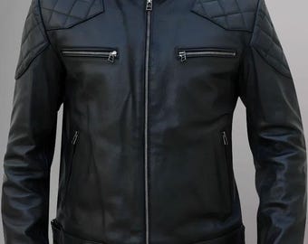 Chaqueta de cuero auténtico para motociclista, estilo vintage, hecha a mano, de color negro, para hombre / Chaqueta de cuero auténtico para motociclista, de corte ajustado, para hombre