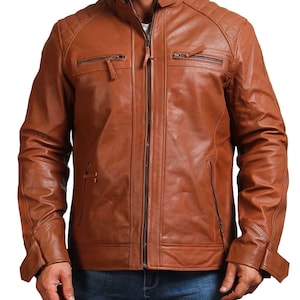 Men&#39;s Handmade Vintage Leather Jacket, Mens Brown Real Leather Jacket, Distressed Waxed Motorcycle Leather Jacket, Cafe Racer Style Jacket