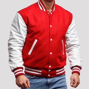 Red Wool & White Genuine Leather Varsity Jacket, Custom Varsity Letterman Jackets School Teams And Groups Premium Quality Leather Wool