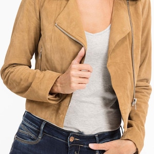 Women&#39;s Brown Suede Leather Trucker Jacket - Genuine Leather, Timeless Handmade Biker Leather Jacket, Zip up Retro Suede Leather Jacket