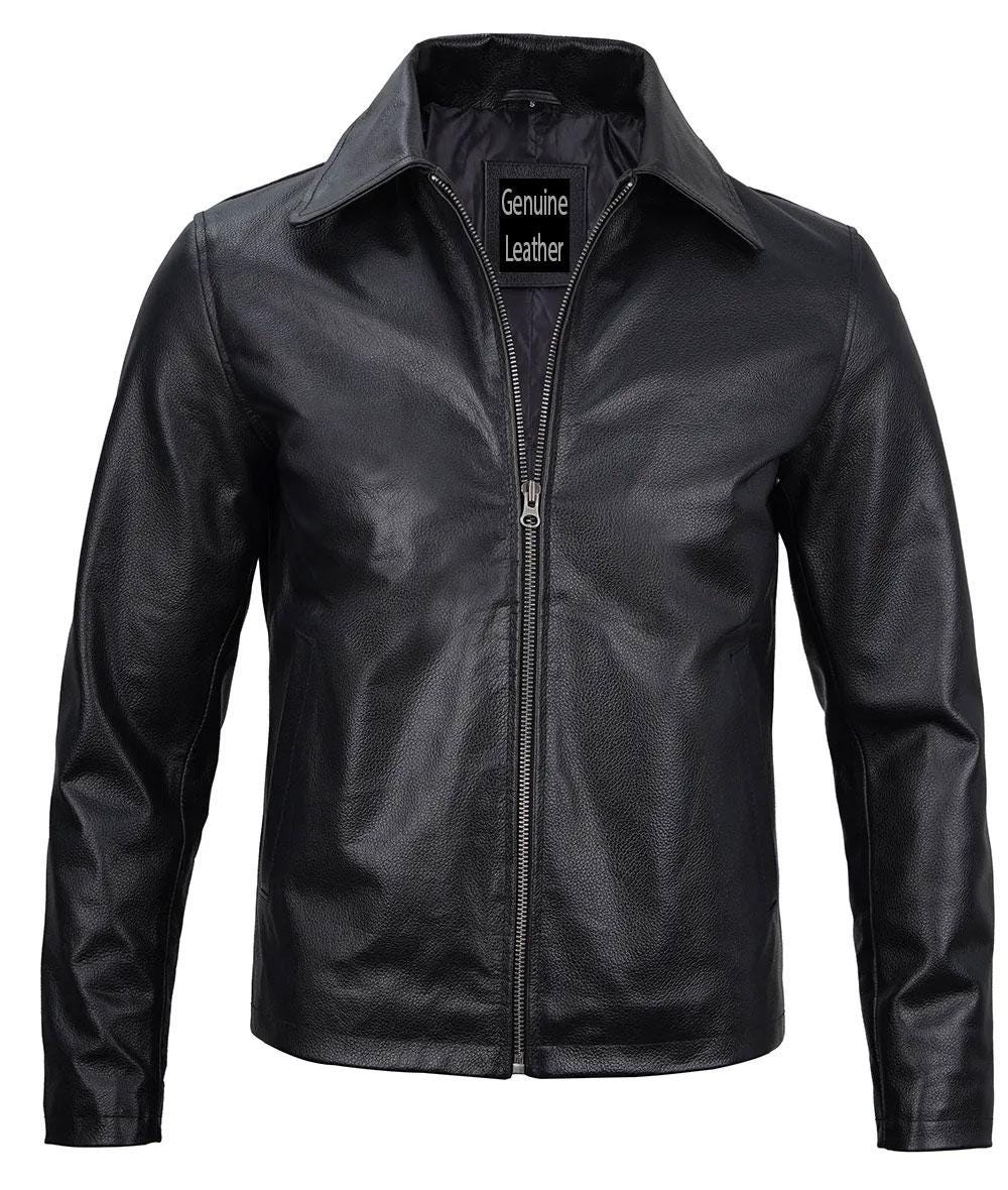 Men's Shirt Collar Black Cowhide Leather Jacket, Leather Jacket